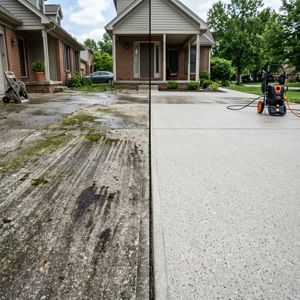 Before and after driveway power washing